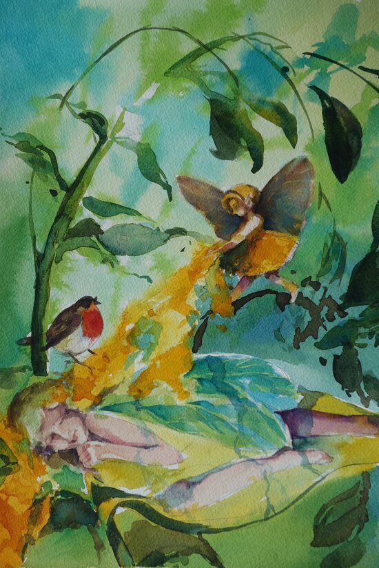 malen am meer schlafende Elfe schlafende Elfe Figur liegend Illustration Aquarell