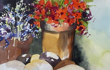 Lavendel Sommerblumen im Tontopft Blumen Aquarell malen