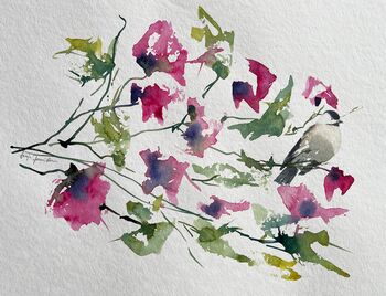 Blumen mit Vogel im Strauß Aquarell gemalt