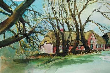 Reetdachhaus Landschaft Aquarell