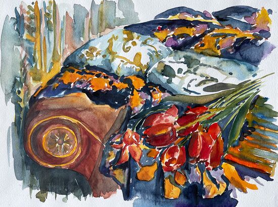 Tulpen auf dem Sofa Aquarell malen