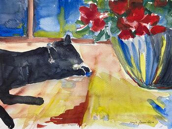 katze schwarz liegend aquarell malerei tiere