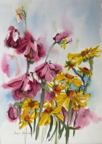 akelei mit Margeriten im Aquarell