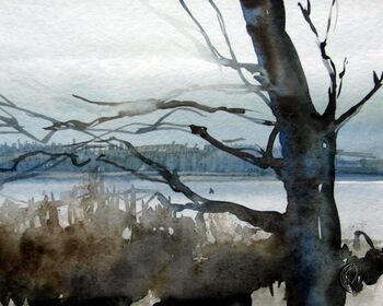 Baum blau Wald im Aquarell