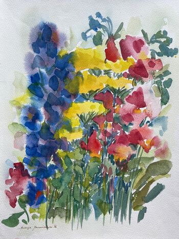 bunter Blumenstrauß Rittersporn Aquarell