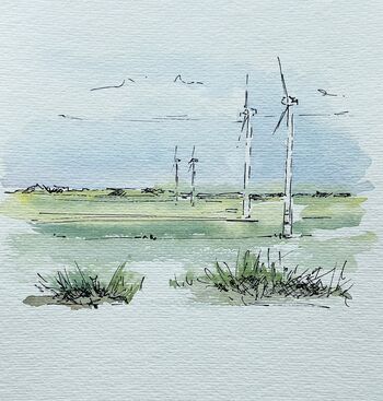 windräder aquarell malerei landschaft grün