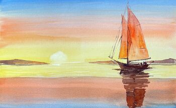 Aquarell segelboot mit sonnenuntergang