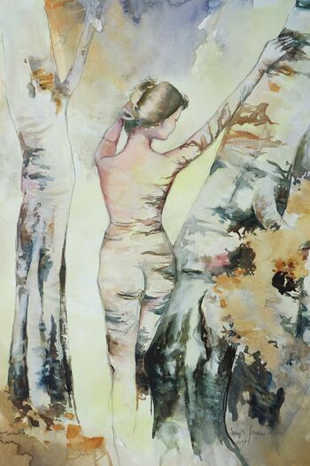 Frau mit Birke Person Figur Aquarell