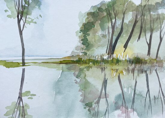 see bäume natur aquarell malerei wald oase