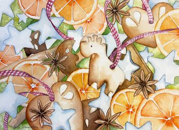 Weihnachtsmotiv Orangen Lebkuchen Aquarell