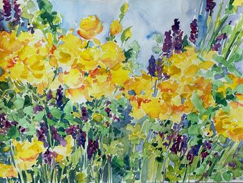 gelbe Rosen mit Lavendel Aquarell malen Blumen