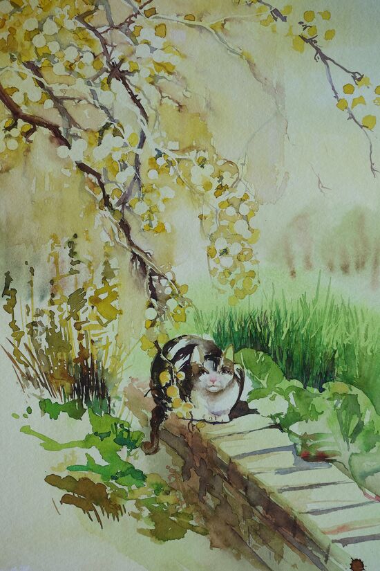 Katze Baum Landschaft Aquarell