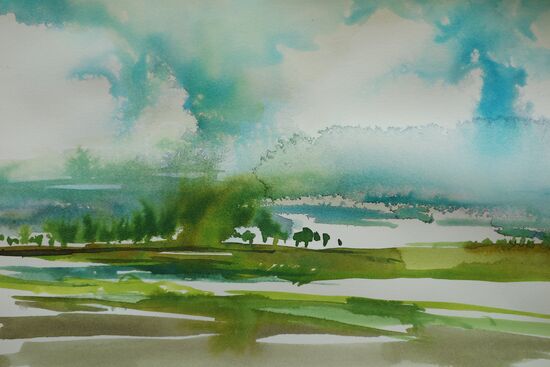 malen am meer landschaft grün Landschaft Grün Himmel im Aquarell