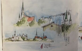 schwerin gemalt sketch stadtszene silluetten gemalt