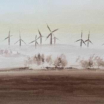 Windkraftanlagen mit Nebelschwaden