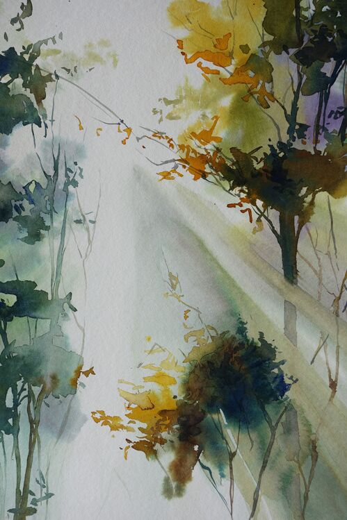 malen am meer licht Licht durch Bäume Wald im Aquarell