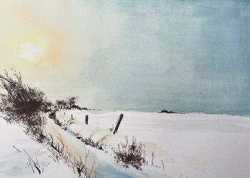 Schneelandschaft mit Sonne Aquarell