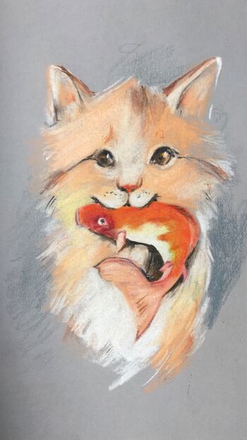 Katze mit Fisch Koi Wachspastelle