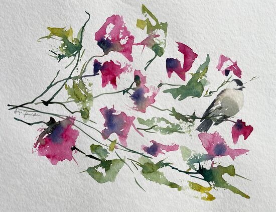 Blumen mit Vogel im Strauß Aquarell gemalt