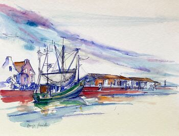 Hafenszene Hafen Schiff Kutter Aquarell malen
