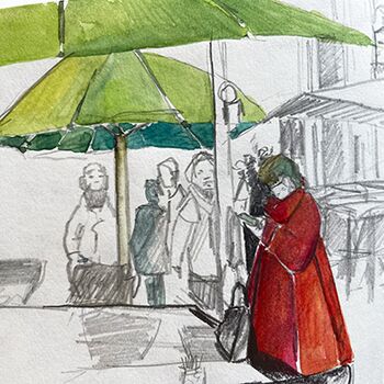 skizzen mit regenschirm und rotem Mantel