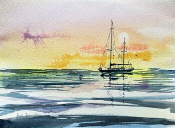 Sonnenuntergang mit Segelboot Doppelmaster Aquarell