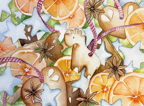 malen am meer weihnachtsmotiv Weihnachtsmotiv Orangen Lebkuchen Aquarell