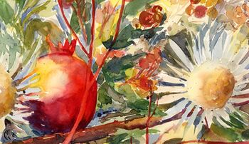 silberdistel granatapfel Blume im Aquarell