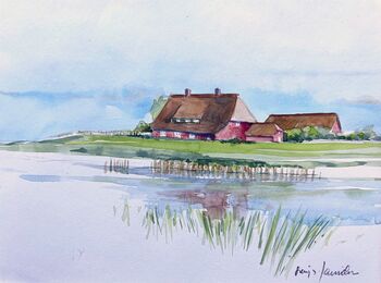 hallig meer aquarell malerei reedhaus