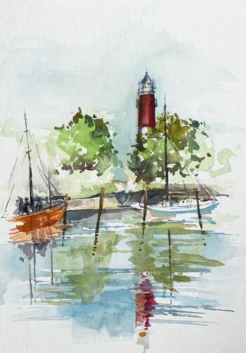 Leuchtturm Büsum Hafen Wasser Spiegelung Aquarell