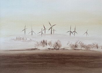 Windkraftanlagen im Nebel Aquarell
