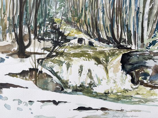 malen am meer Bach Wasser Bach Schnee Aquarell Winter malen