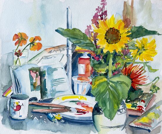 malen am meer arbeitsplatz mit sonnenblume Sonnenblume Arbeitsplatz malen Farben Aquarell