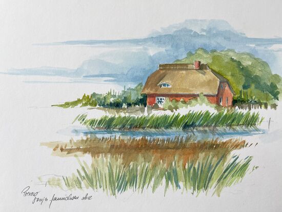 Reetdachhaus Strohhaus mit Schilf Aquarell malen Landschaft