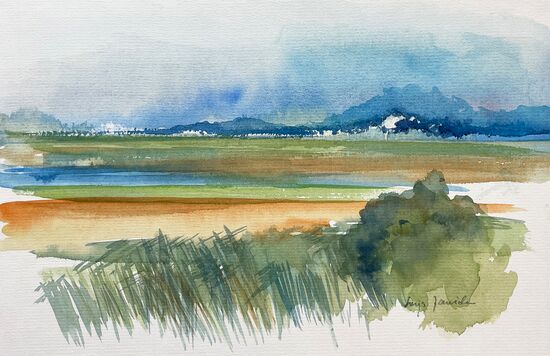 Landschaft Nordfriesland grün Aquarell malen
