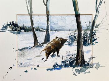 Wildschwein im Schnee Aquarell