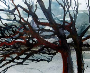 Baum rot Wald im Aquarell
