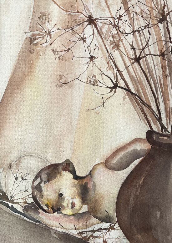 malen am meer puppe alte Puppe mit Trockenblumen Aquarell