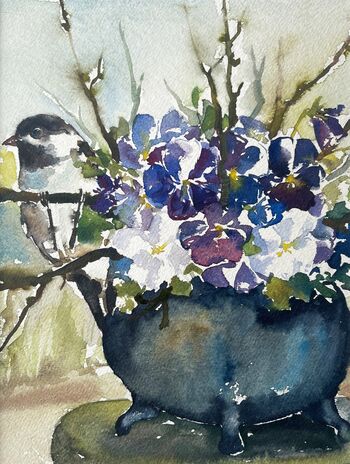Vogel Stiefmütterchen Grütztopf Aquarell