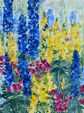 Rittersporn im Garten Aquarell