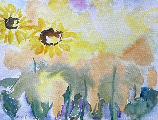 Sonnenblumen im hellen Licht Blume malen Aquarell gelb