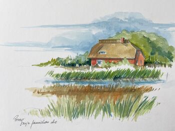 Reetdachhaus Strohhaus mit Schilf Aquarell malen Landschaft
