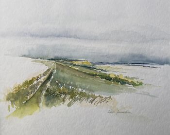 Deich mit Wasserkante im Aquarell