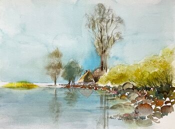 malerei häuschen wasser aquarell steine