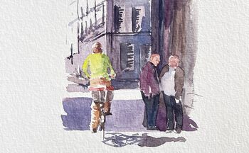 radfahrer und männergruppe gemalt