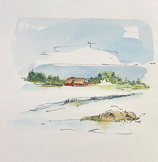 malen am meer schneelandschaft Nordfriesland mit Reetdachhaus Landschaftsbild im Aquarell
