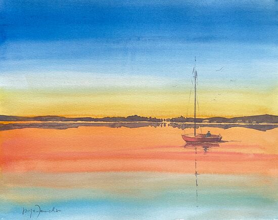 malen am meer sonnenuntergang mit segelboot Segelboot gleitet in den Sonnenuntergang