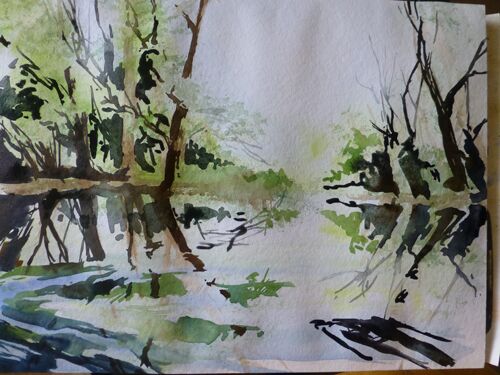 malen am meer wakenitz Wakenitz mit Spiegelung Lübeck im Aquarell