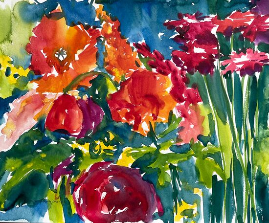Farbenexplosion Blumen rot Malven Mohn Aquarell malen