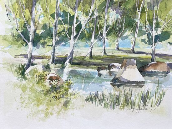malen am meer birken Birken Bäume Gewässer Steine Aquarell